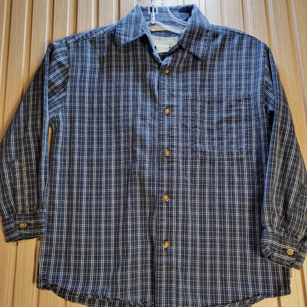 Arrow Kids Blue Plaid Long Sleeve Button Down Cotton Shirt Single Chest Pocket